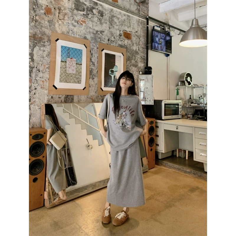 Реальный снимок, реальная цена, повседневная свободная футболка с принтом щенка для похудения, летняя универсальная футболка с короткими рукавами, юбка с высокой талией