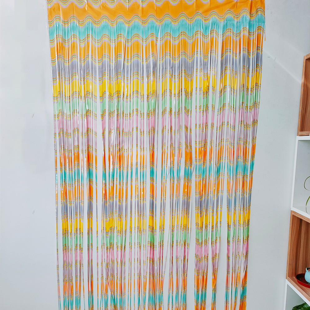 Material PET decoración de escena de fiesta diseño de fondo de cumpleaños cortina de seda de lluvia degradado patrón de muaré cortina de seda de lluvia 1*2m