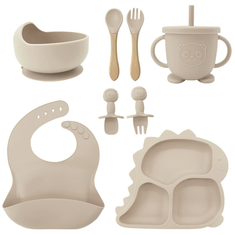 Fábrica al por mayor cubiertos para bebés babecera de silicona platos de comida suplementarios dinosaurios niños comidas set de entrenamiento