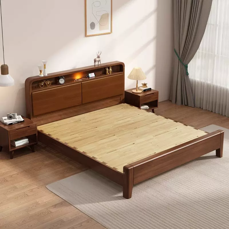 全实木静音榫卯北欧床轻奢现代简约床带夜灯小户型气压储物实木床