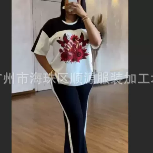 欧美跨境夏季新短款大码女装套装瑜伽运动休闲时尚字母花朵现货