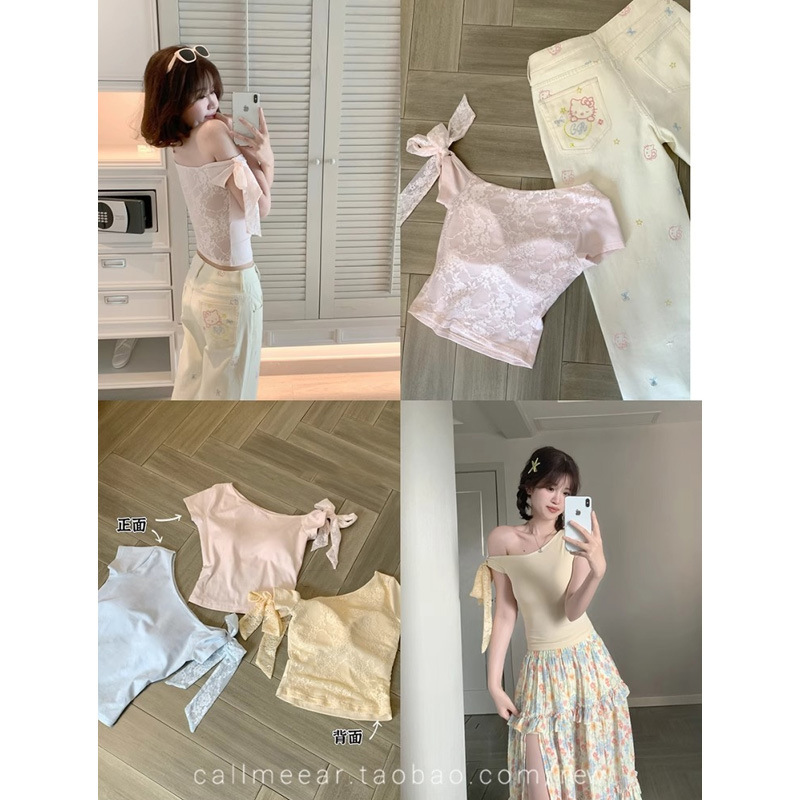 CallmeEar // [romantic silhouette] oblique collar short sleeve T-shirt women's summer lace stitching short top with chest pad