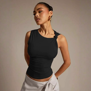 L25T117-2025欧美女装夏季亚马逊新款性感单肩百搭背心T恤上衣女