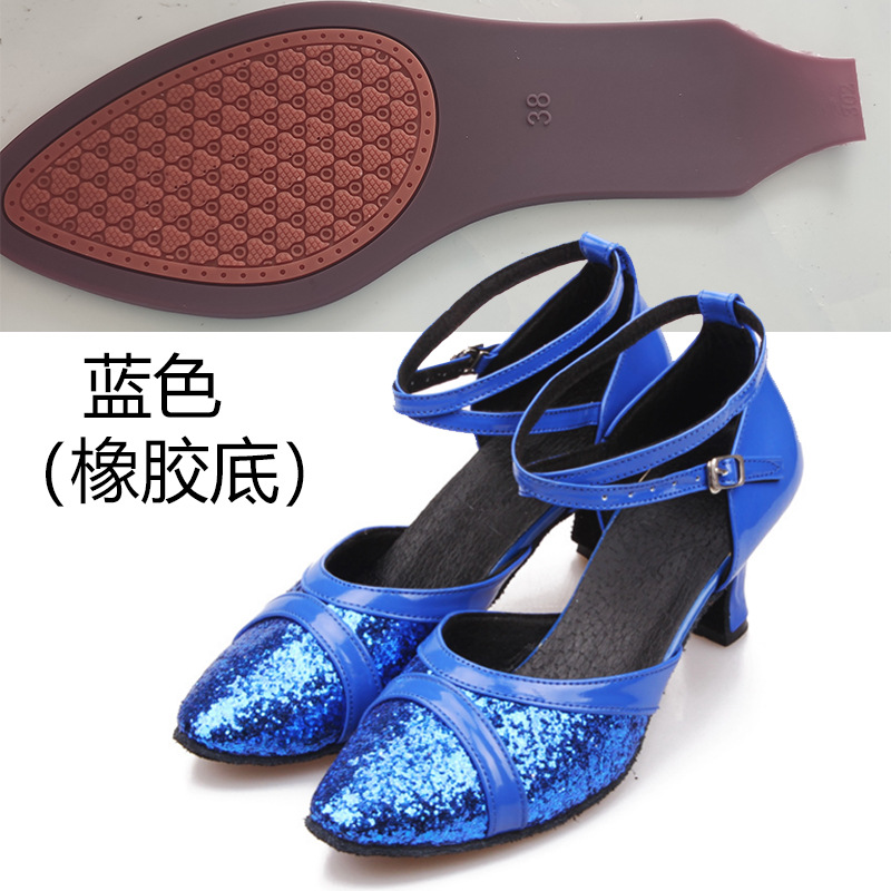 Nuevos zapatos de baile latino adultos mediados talón zapatos de baile de fondo suave zapatos de baile de las mujeres zapatos modernos de baile cuadrado flash lentejuelas de oro