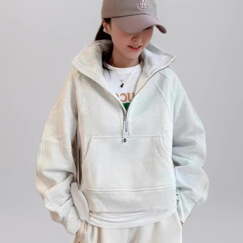 Lu's Same Style Scrba Women's Loose Half-Zip Sweatshirt Sports Casual Chimney Collar Stand Collar Fleece-Lined Jacket
