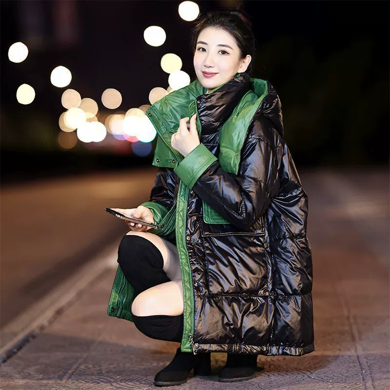 Черная глянцевая зимняяVelvet куртка из пуха, 2024 год, oversize, утка пух