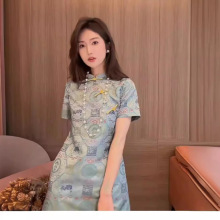 新中式国风改良旗袍裙2024夏季新款高级感气质唐装盘扣蓝色连衣裙