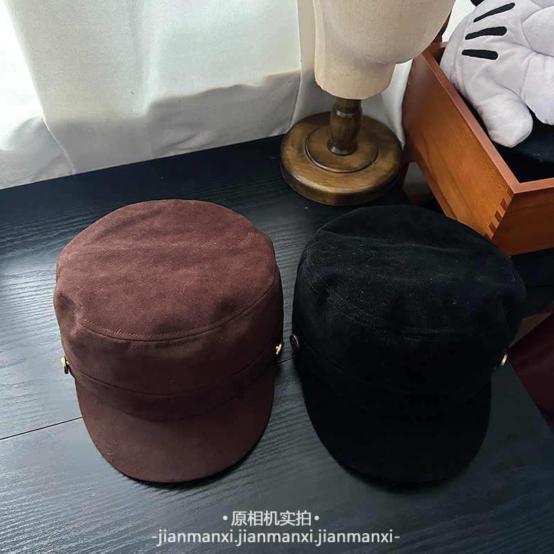 秋冬法式复古麂皮绒平顶海军帽百搭简约鸭舌帽时尚原宿风马术帽|undefined