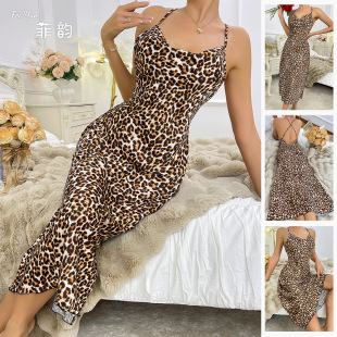 Cross-border foreign trade Europe and the United States sleeveless slim sexy leopard sling dress V-neck long nightgown home clothing 813