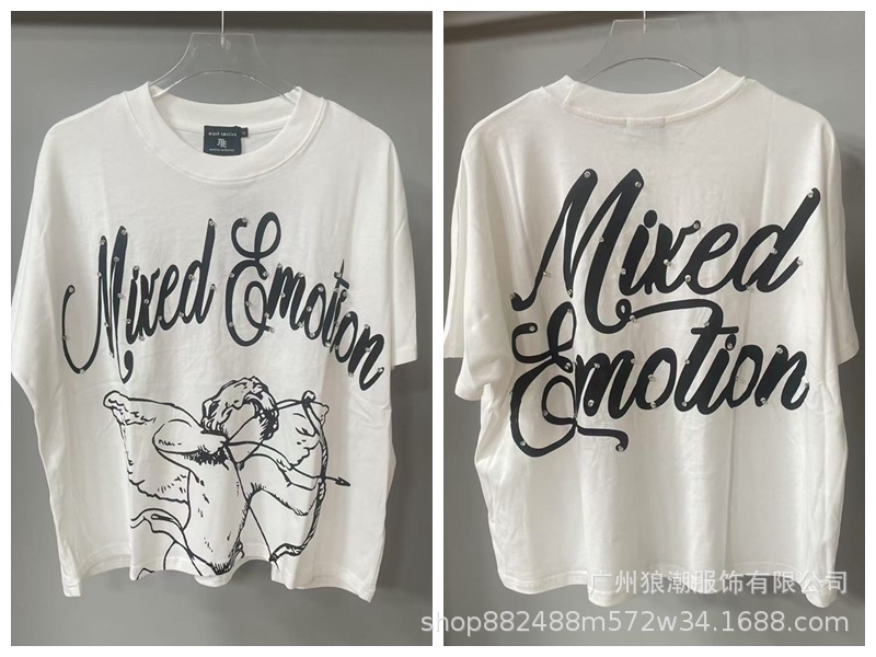MIXED EMOTION レトロホットダイヤモンドプリントロゴ美しいトレンディなラウンドネックルーズカジュアル半袖Tシャツ男性と女性用|undefined
