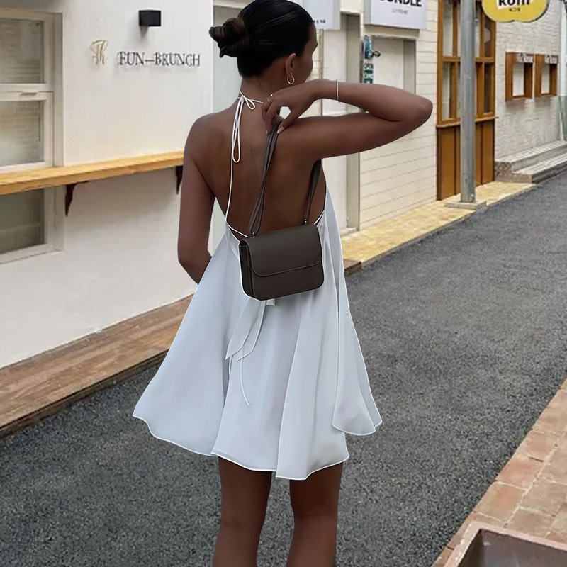 Women's Sexy Deep V Neck Backless Halter Neck Loose A-Line Dress European American Style 2025 Cross Strap Dress_ecoleips.com