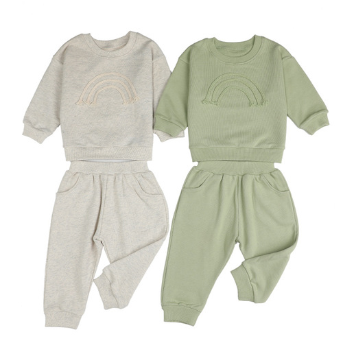 Autumn/Winter New Cross-border Instagram Children's Clothing Set: Long-sleeved Plain Cotton Rope Decorated Top + Pockets Long Pants