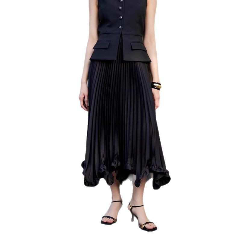 Women's Clothing Layered Petal Hem Pleated Midi Skirt – Elegant Office-to-Evening A-Line Skirt (Black)_ecoleips.com