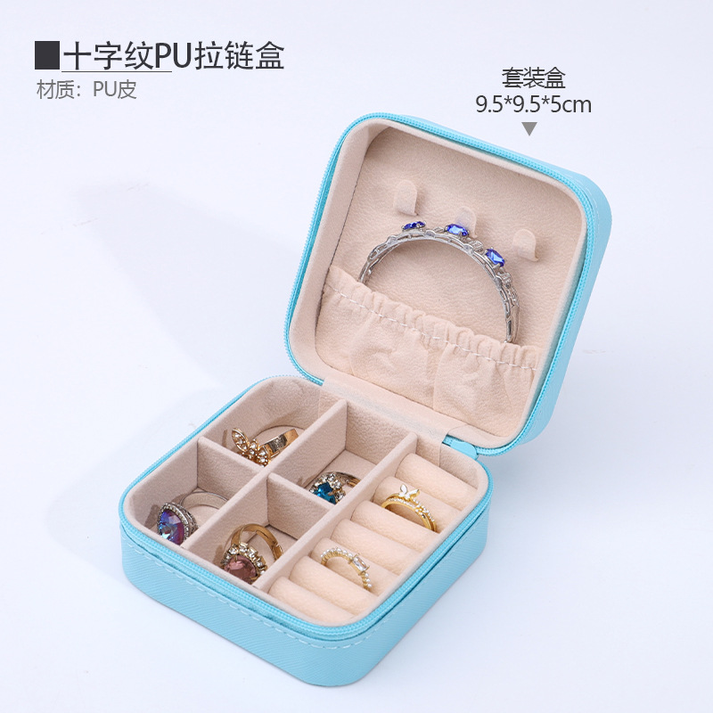 Caja de almacenamiento de joyería de cuero de PU portátil caja de embalaje de joyería de cremallera caja de joyería de almacenamiento de viaje con caja de collar de anillo de espejo