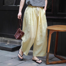 亚麻长裤休闲裤女夏鹅黄色萝卜裤文艺松紧腰清凉阔腿裤长裤C0539