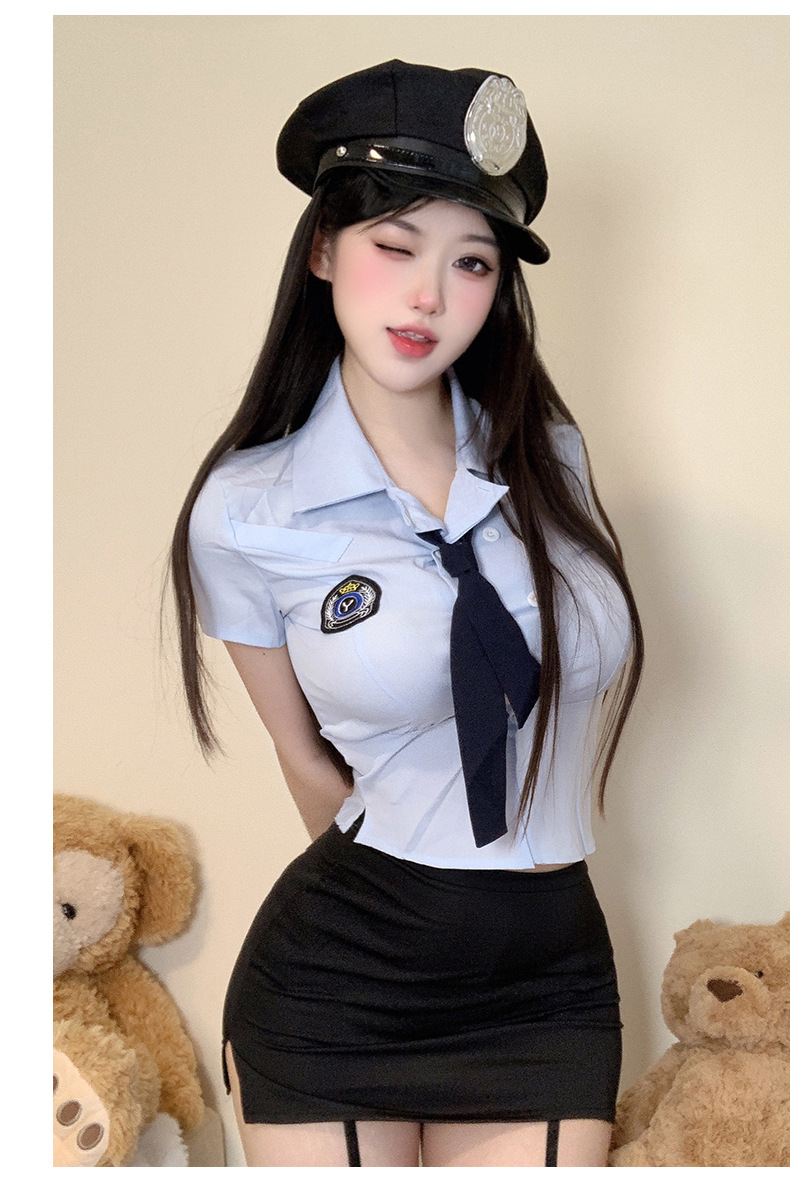 Policewoman Roleplay Costume Set with Matching Stockings, Polyester Uniform — detail image 9