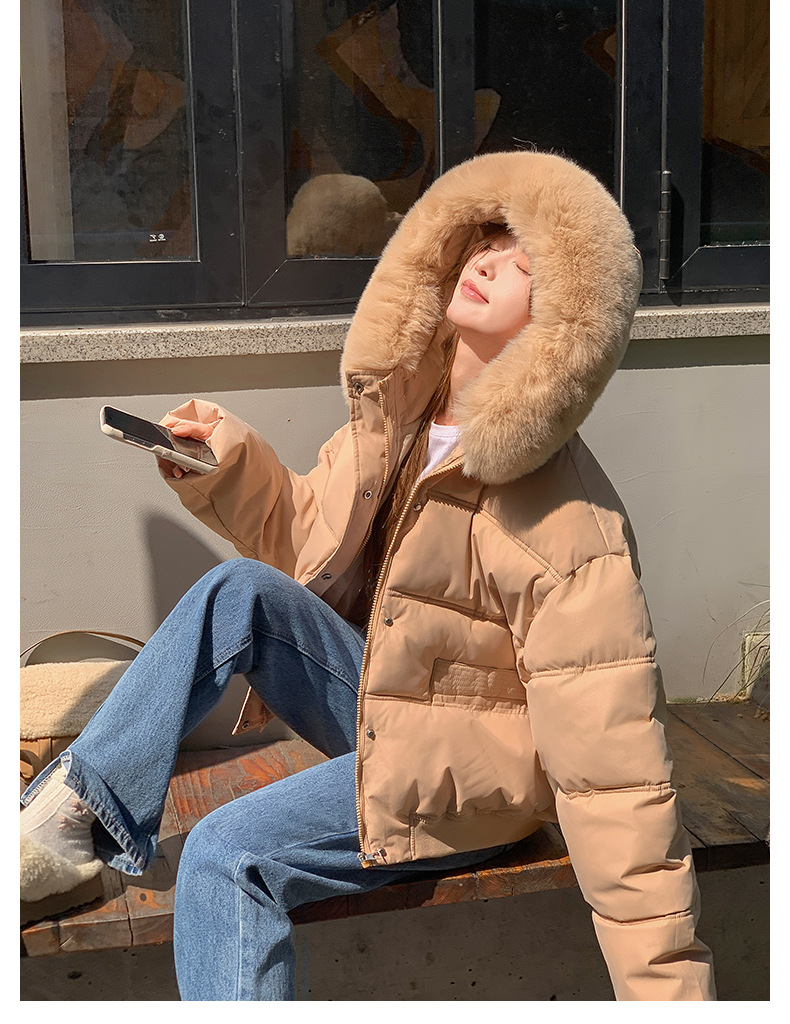Big fur collar 2024 winter new Korean version loose short clothing cotton women's hooded thickened Down jacket_voghion.com