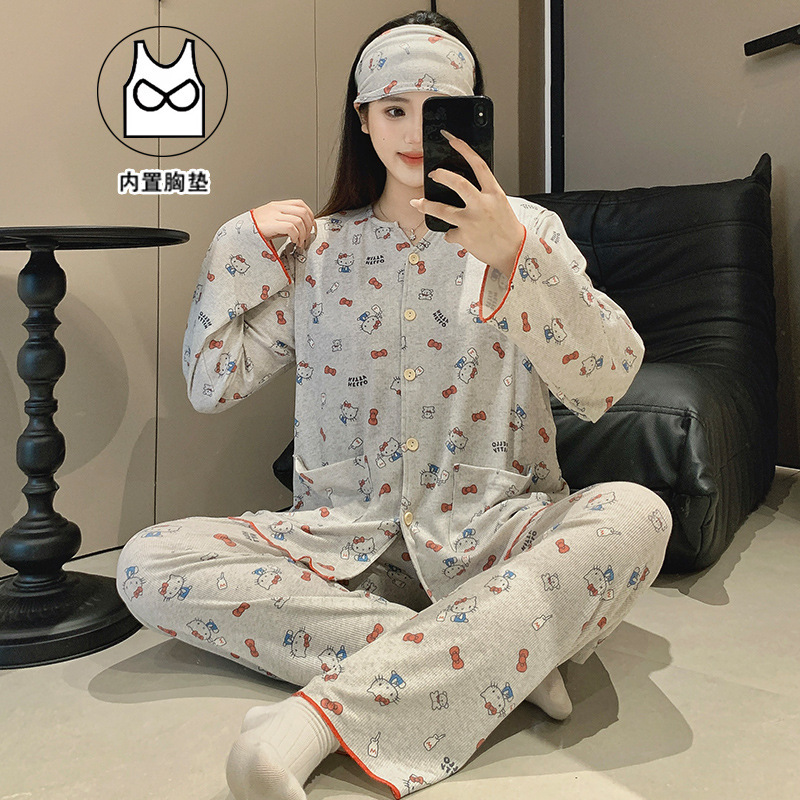 Xiyue Wholesale Summer 7A Antibacterial Pure Cotton Maternity Pajamas with Chest Pads for Postpartum Mothers, Includes Hairband