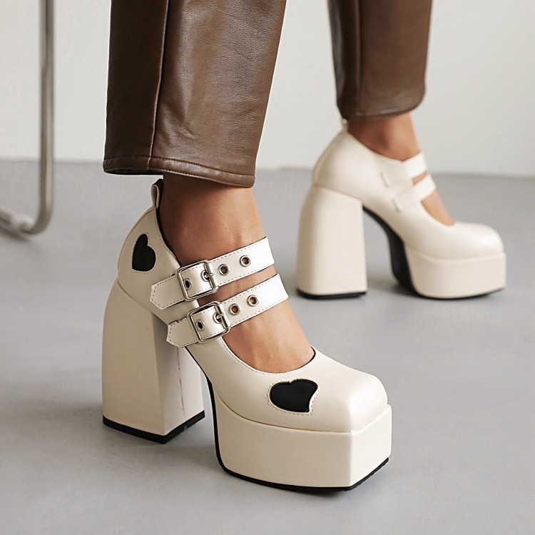 New square head double buckle love splicing single shoes waterproof platform thick high heel women's shoes_voghion.com