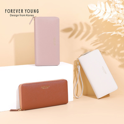 forever young 錢包女氣質手拿包百搭時尚長款手機錢包防刮紋皮夾