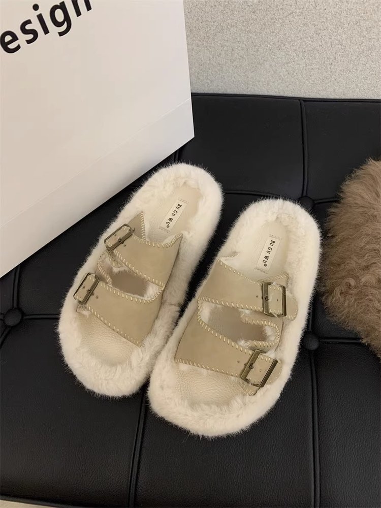 Internet celebrity soft-soled fur slippers for women's outer wear 2023 autumn and winter new sheep curly slip-on cotton slippers_voghion.com