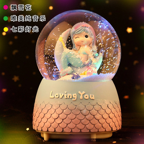 Mermaid Glowing Crystal Ball Music Box Snow Music Box Birthday Gift for Bestie Creative Valentine's Day Gift