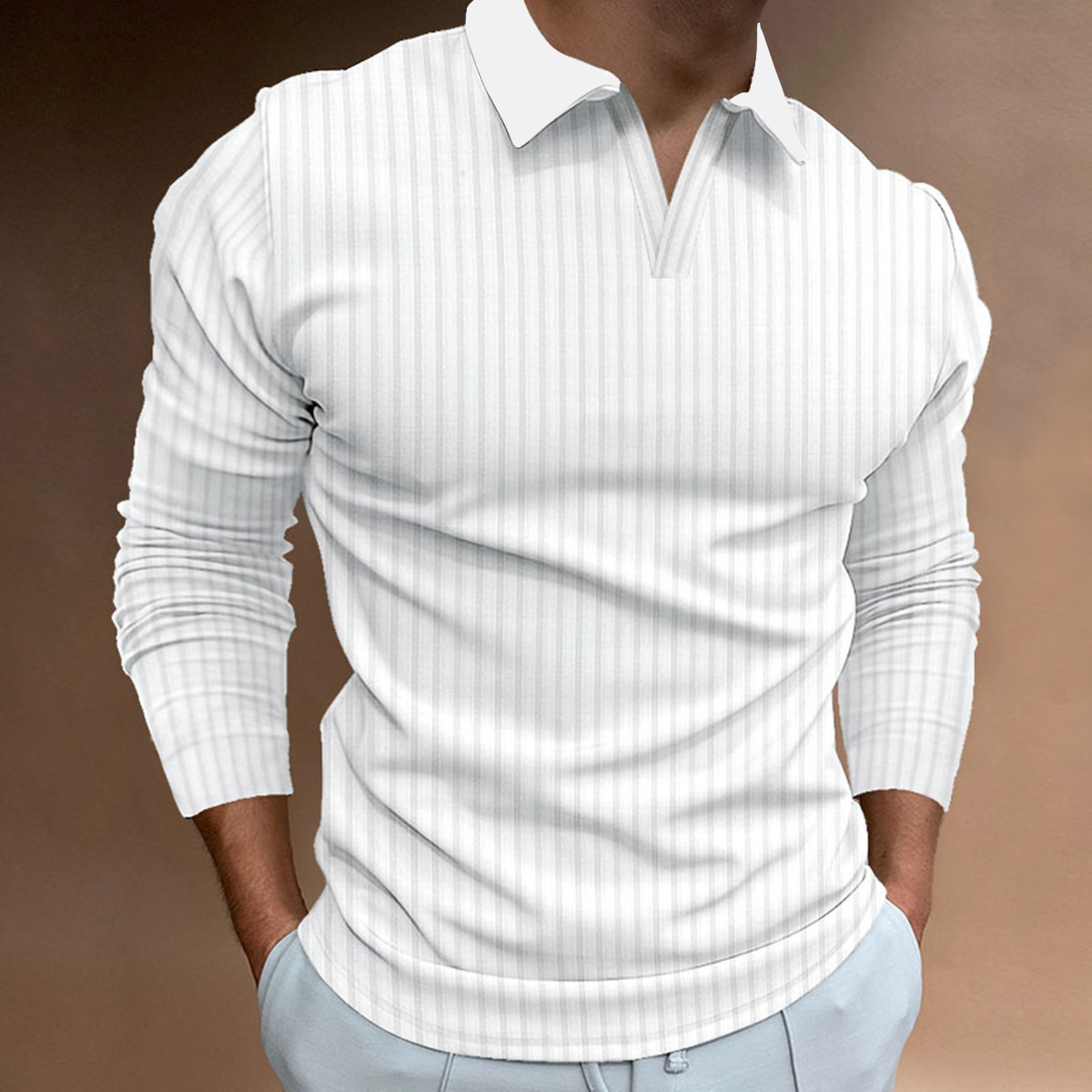 Camisa Polo para Hombre, Estilo Europeo y Americano, Comercio Transfronterizo, Otoño, Fitness, Casual, Cuello Alto, Manga Larga, Rayas Verticales, Cuello en V