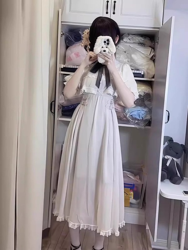 日系甜美蝴蝶结斗篷连衣裙女夏季2025新款千金感蕾丝拼接收腰长裙|undefined