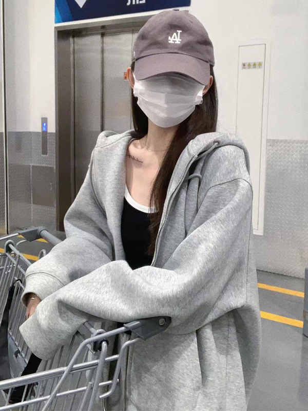 灰色连帽卫衣女春秋季2025新款早秋外套韩系慵懒风小个子开衫上衣|undefined
