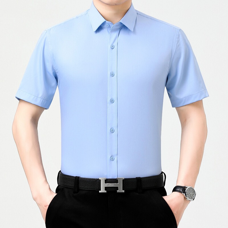 Short-Sleeved Mulberry Silk Shirt 2026 Summer Youth Business Casual Solid Color Ice Silk Men's Half-Sleeved Shirt Available All Year Round Short-Sleeved Mulberry Silk Shirt 2026 Summer Youth Business Casual Solid Color Ice Silk Men's Half-Sleeved Shirt Available All Year Round