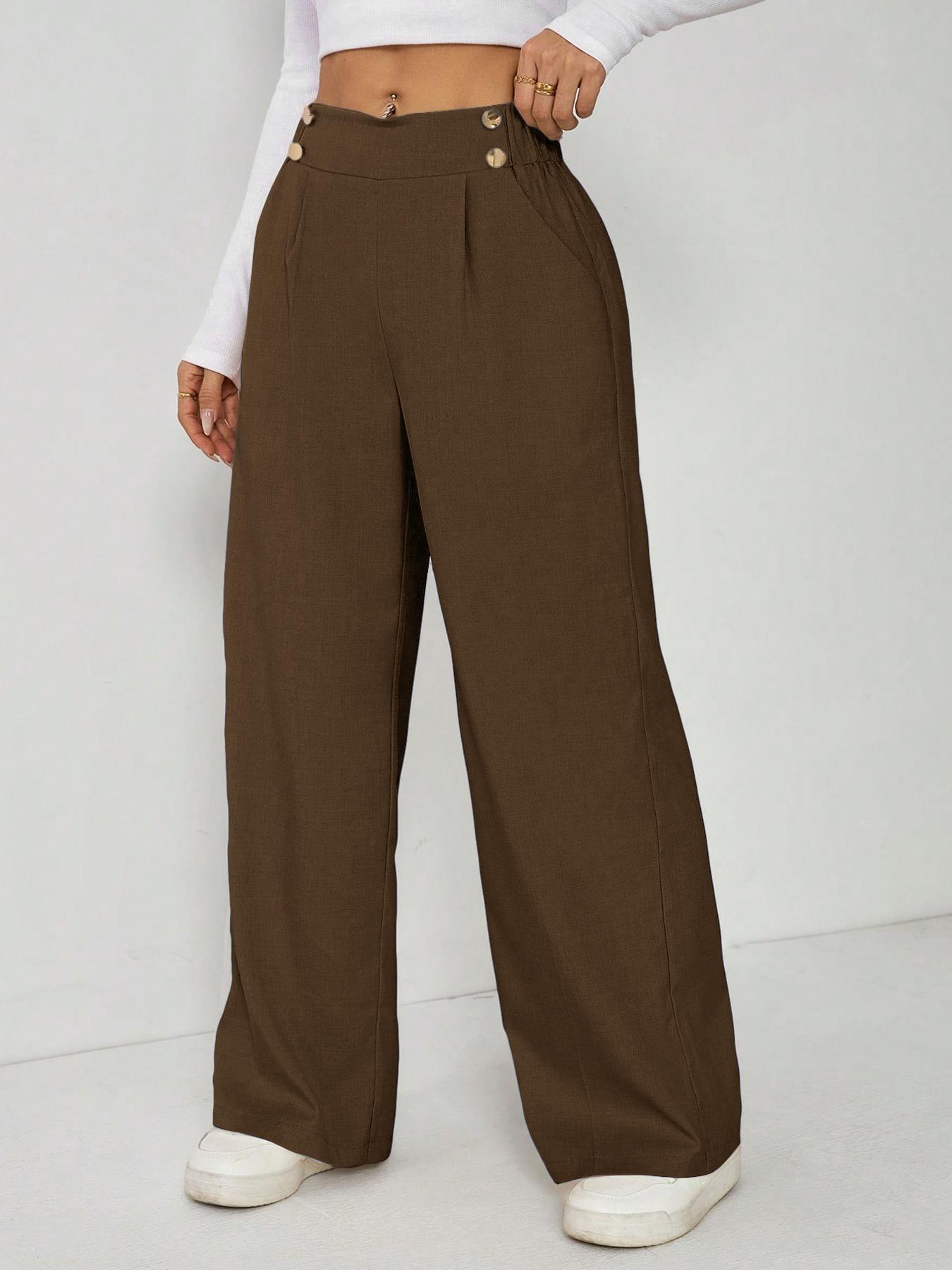 Women's Wide Leg Straight Leg Trousers Casual Fashion European American Style Button Decoration Commuting Pants_ecoleips.com