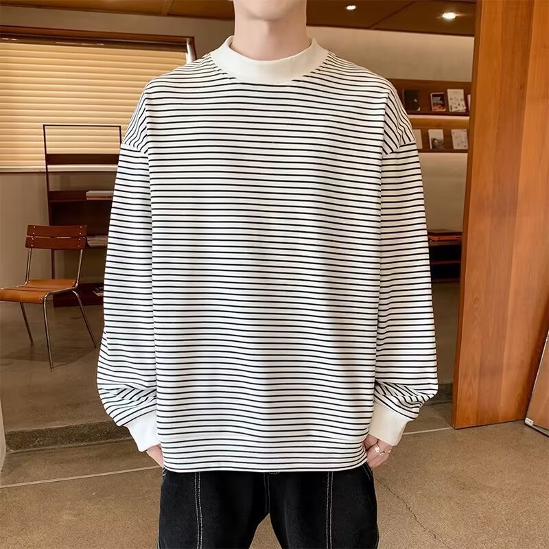 Boys Striped Long Sleeve Base Layer Shirt With Half High Collar_voghion.com