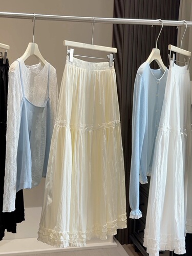Bow tie white cake skirt with fungus edge for women 2026 spring new style a-line loose slimming mid-length dress