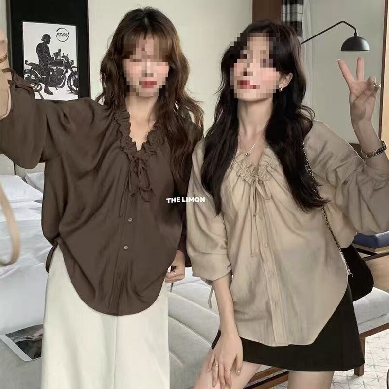 French-Style Collared Long-Sleeved Shirt, Summer Cardigan, Lazy Shirt Design, Top in Apricot and Dark Brown French-Style Collared Long-Sleeved Shirt, Summer Cardigan, Lazy Shirt Design, Top in Apricot and Dark Brown