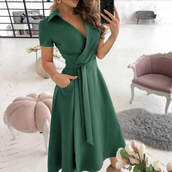 Spring And Summer Fashion V-Neck Print Bodycon Short Sleeve Dress Women's European And American Style_voghion.com