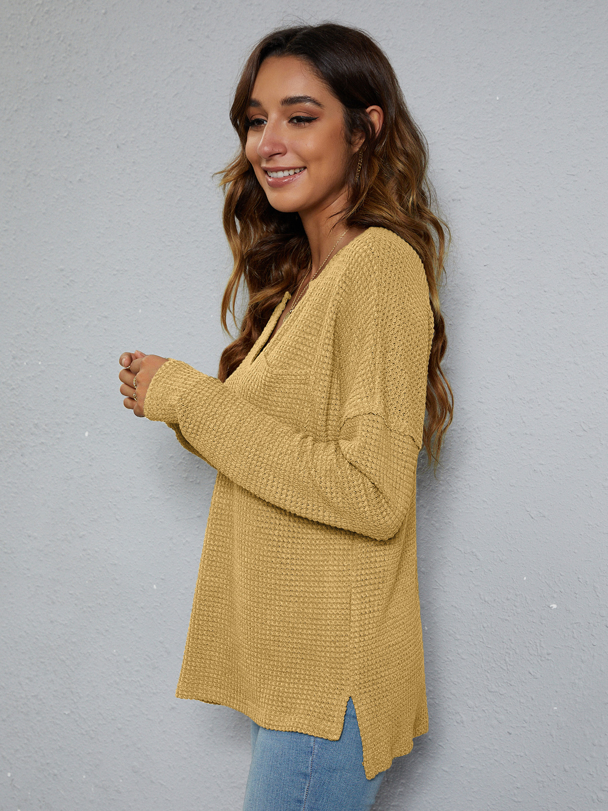 Damen Herbst und Winter neuer Damen-Pullover mit Schlitz vorne, kurzer Rückseite, lang, lässig, V-Ausschnitt, Tasche, langärmelig_voghion.com