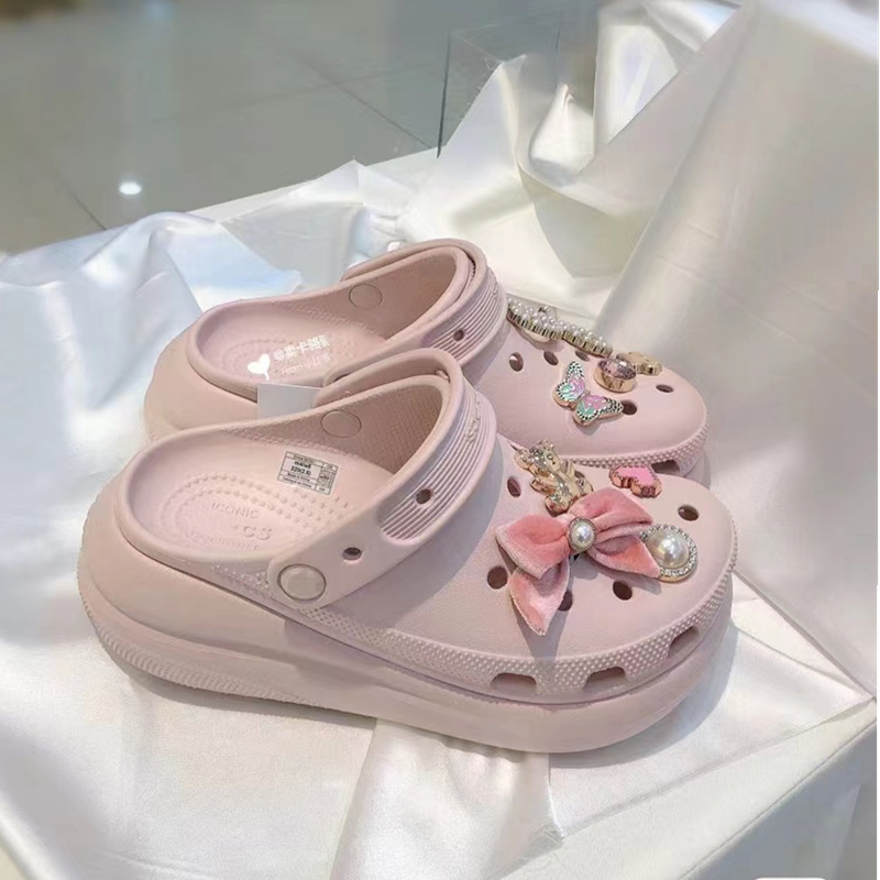 Cross Crocs Puff Thick-Soled Clogs for Women Outdoor Height-Increasing Breathable Beach Sandals Slippers Casual Shoes