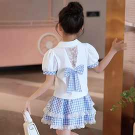 女童短袖套装夏季2025新款儿童学院夏装女孩半身裙两件套图片色。