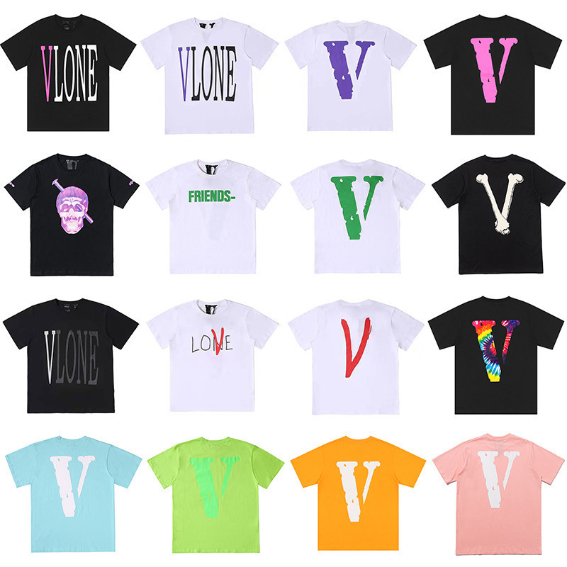 Vlone Short-Sleeve V-Neck T-Shirt, Same Style as Fujiwara Hiroshi and Wang Yibo, Loose Fit for Couples, Unisex Reflective T-Shirt, Summer Dropshipping