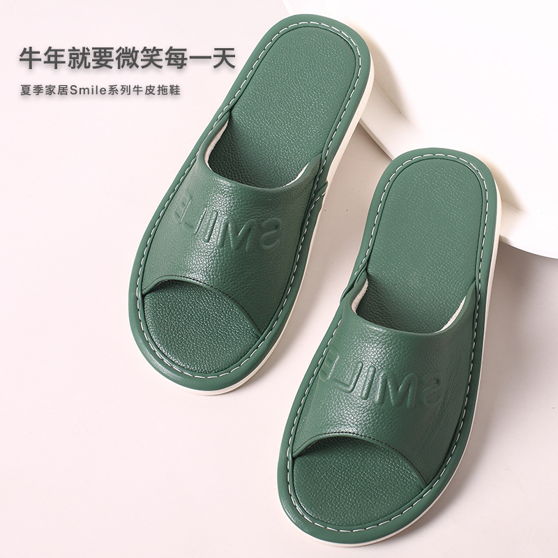 Home Pure Cowhide Slippers for Women, Summer Indoor Non-Slip Genuine Leather Sandals for Men, Wholesale Grape Grain Pattern