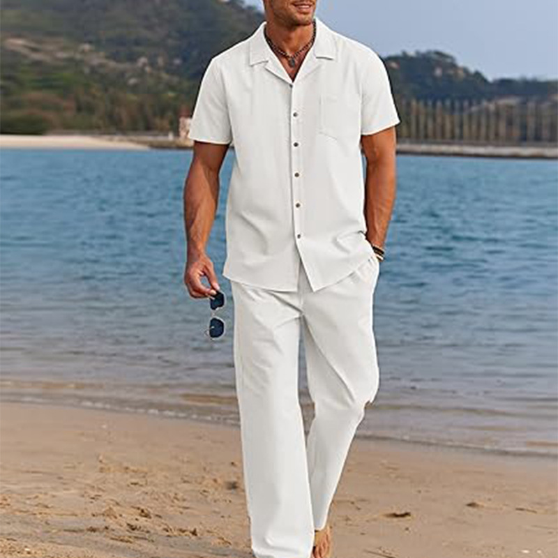 Amazon Short-Sleeve Independent Brand Men's Two-Piece Solid Color Outfit Beach Button-Down Shirt Casual Loose Pants Men