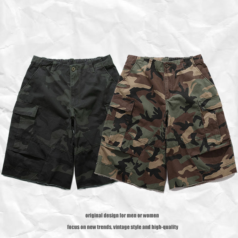 Tkpa American Retro Multi-Pocket Cargo Shorts Men 2025 Summer Trendy Brand Loose Elastic Waist Cropped Pants Trendy