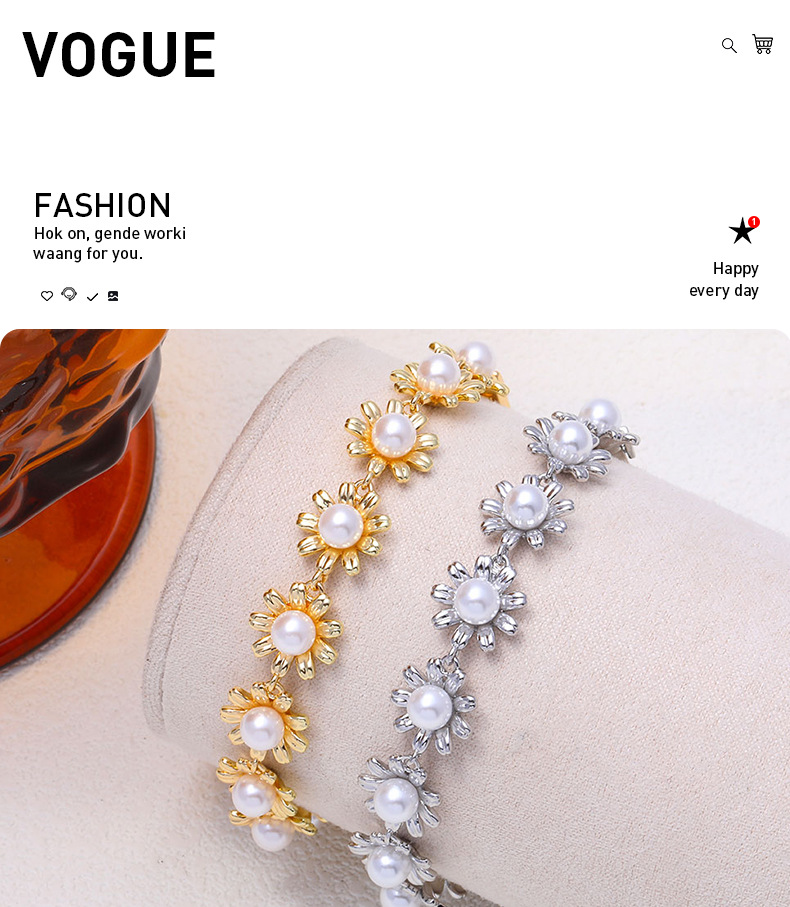 Pulsera de mujer lujosa en cobre con flor geométrica y perla_voghion.com