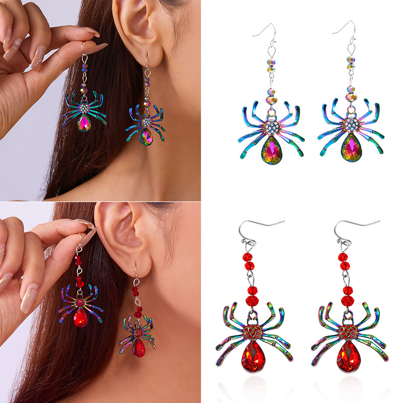 Subtle exaggerated Halloween diamond studded spide, punk style, versatile, colorful and quirky tassel earrings_voghion.com