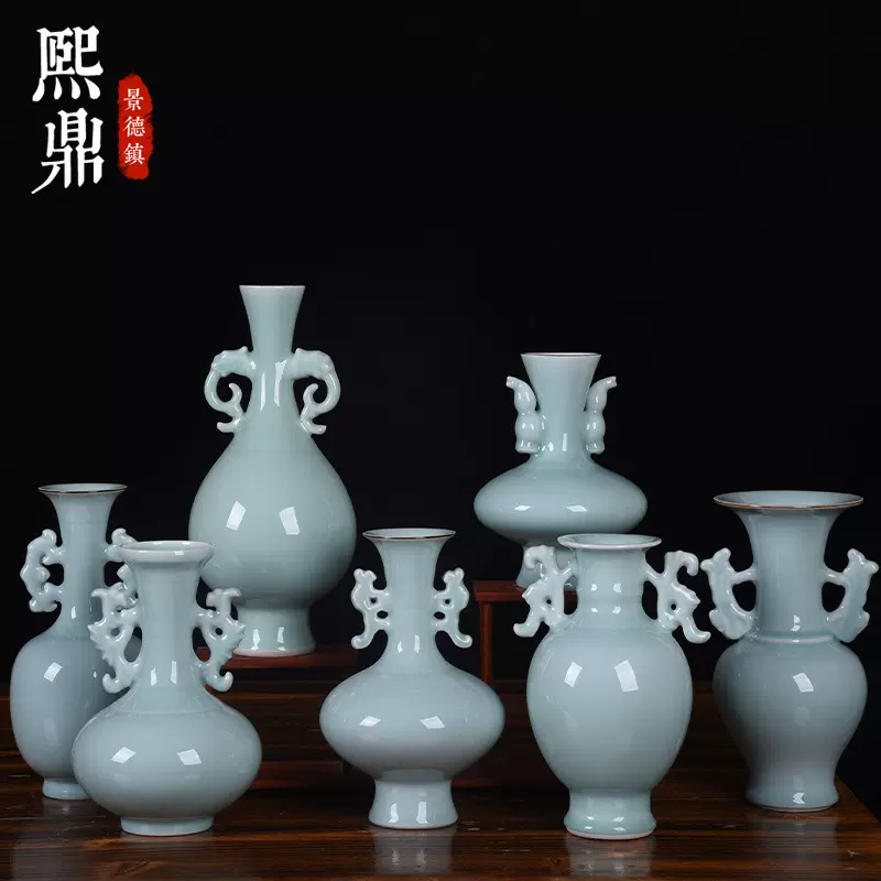 仿清乾隆年制手工玉质瓷青柚双耳花瓶桌面摆件 家居博古架装饰品