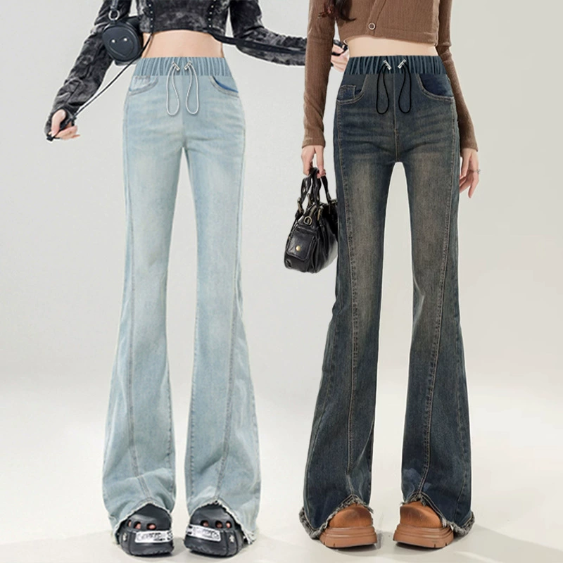 Elastic flared trousers, jeans with belly support, new collection, drawstring