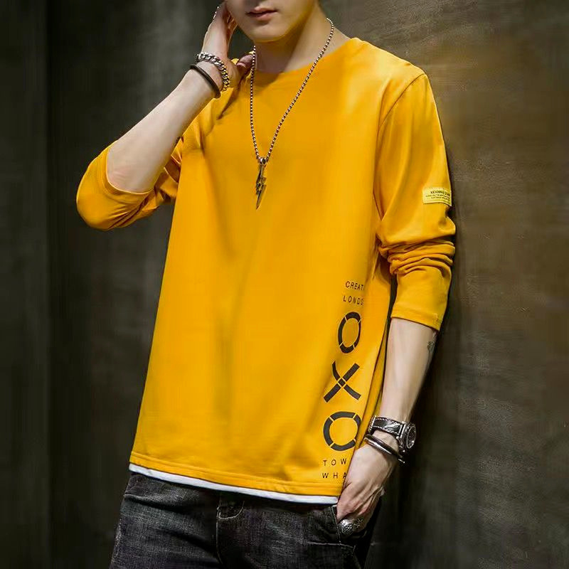 Camiseta de manga larga de primavera y otoño nueva juventud falso de dos piezas Camiseta estilo coreano estudiante camisa de fondo ropa superior de los hombres de moda