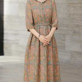 2026女装夏季七分袖收腰中长裙妈妈装时尚减龄显瘦修身彩色连衣裙