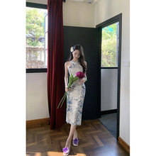 夏季新款新中式复古设计感改良旗袍珠子挂脖名媛显瘦包臀连衣裙