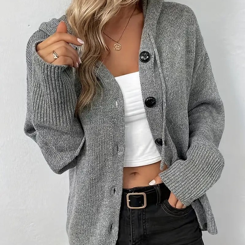 Solid Color Hooded Single-Breasted Cross-Border Sweater for Women 2025 Autumn and Winter New Drawstring Knitted Cardigan Jacket for Women